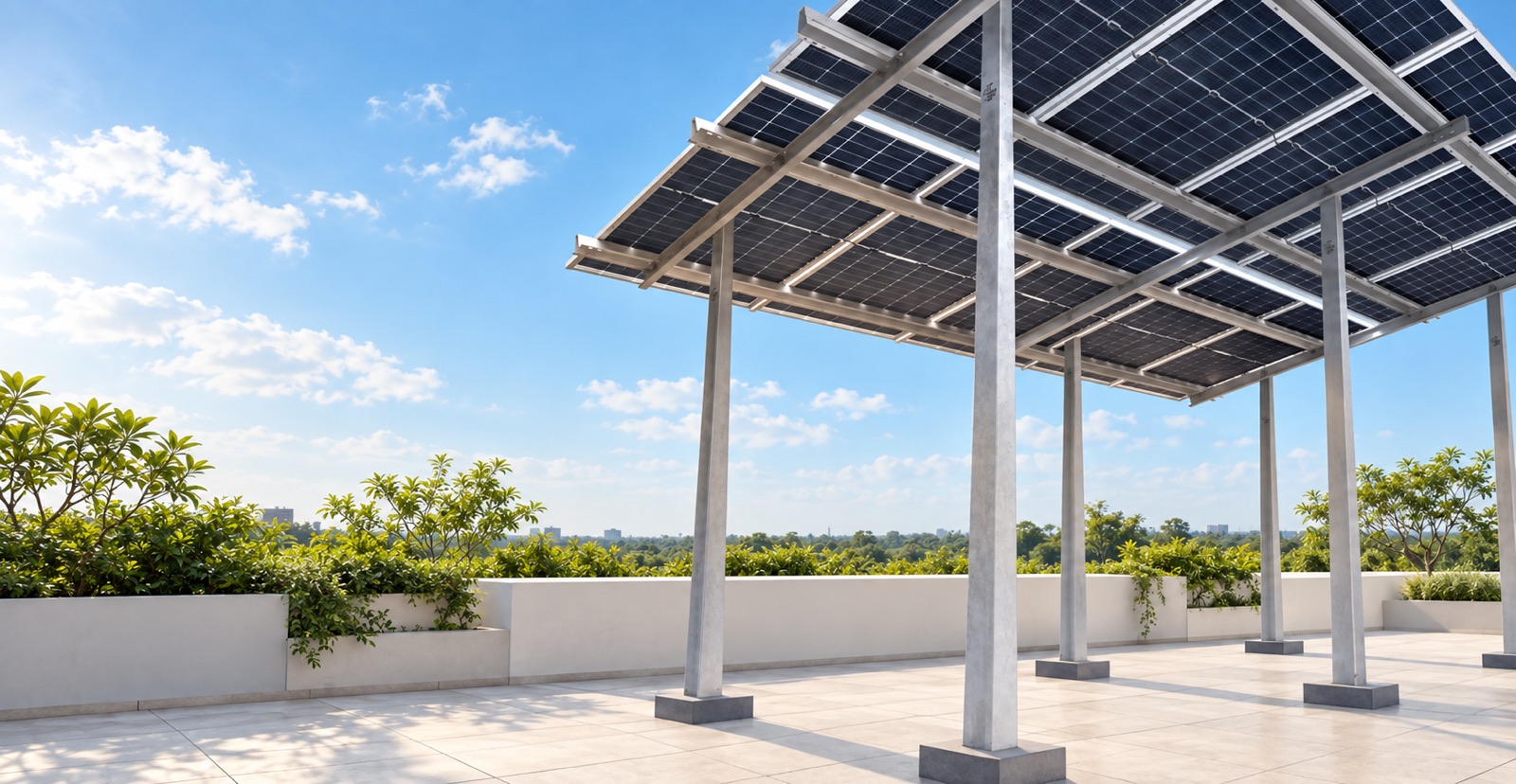 Solar canopy above a bright rooftop terrace